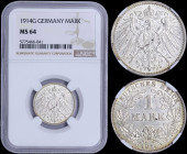 GERMANY: 1 Mark (1914 G) in silver (0,900) with crowned imperial eagle with shield on breast. Denomination within wreath. Inside slab by NGC "MS 64". ...