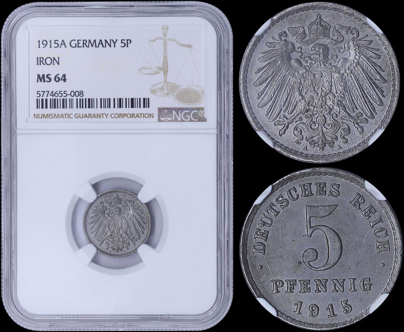 5 Pfennig (1915 A) in iron with crowned imperial eagle with shield on breast. De...