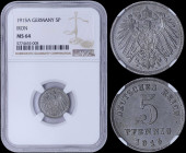 5 Pfennig (1915 A) in iron with crowned imperial eagle with shield on breast. Denomination and date below. Inside slab by NGC "MS 64". (KM 19).