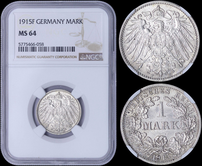 GERMANY: 1 Mark (1915 F) in silver (0,900) with crowned imperial eagle with shie...