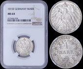 GERMANY: 1 Mark (1915 F) in silver (0,900) with crowned imperial eagle with shield on breast. Denomination within wreath. Inside slab by NGC "MS 64". ...