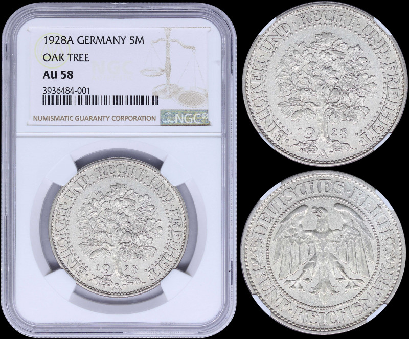 GERMANY: 5 Reichsmark (1928 A) in silver (0,500) with oak tree. Eagle within cir...