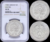 GERMANY: 5 Reichsmark (1928 A) in silver (0,500) with oak tree. Eagle within circle on reverse. Inside slab by NGC "AU 58". (KM 56).