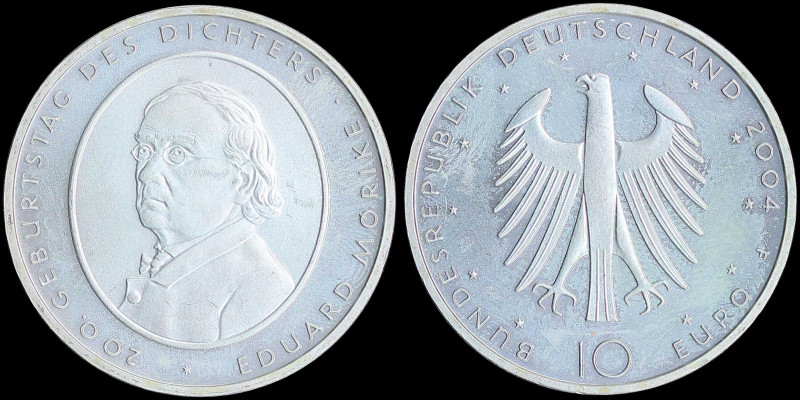 GERMANY: 10 Euro (2004 F) in silver (0,925) with portrait of Eduard Moerike. Sty...