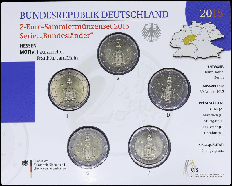 GERMANY: Euro coin set (2015) composed of 5x 2 Euro coins. Inside official blist...