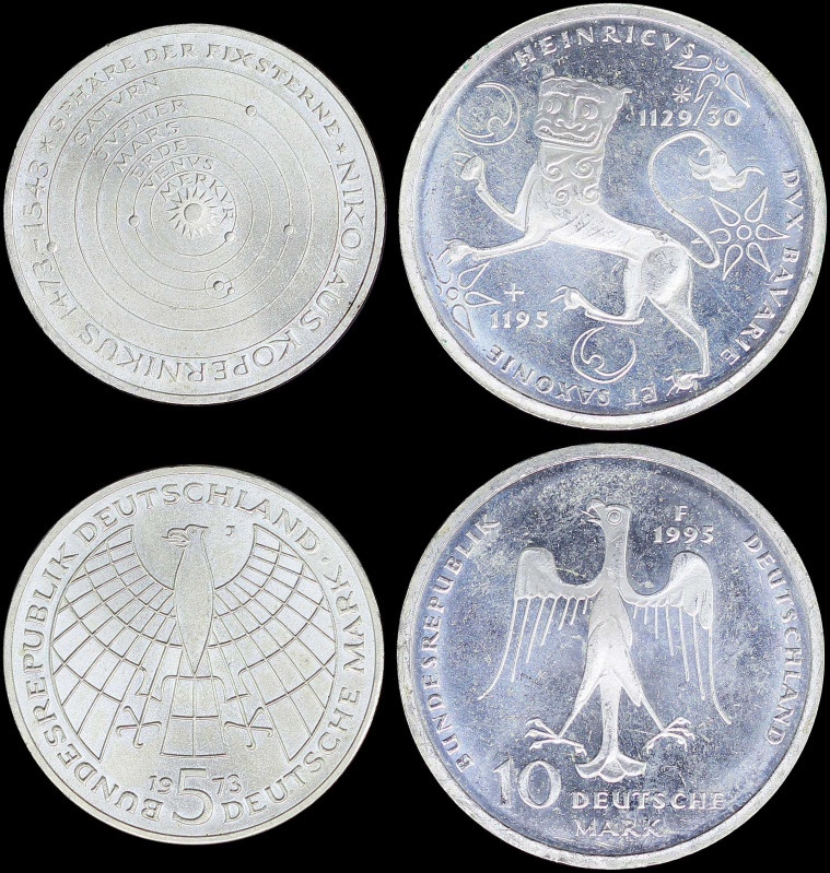 GERMANY: Lot of 2 coins composed of 5 Mark (1973 J) and 10 Mark (1995 F) both in...