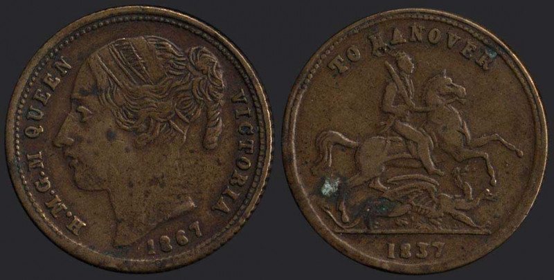 GREAT BRITAIN: Queen Victoria "To Hannover" gaming token or jetton (1837 / 1867)...