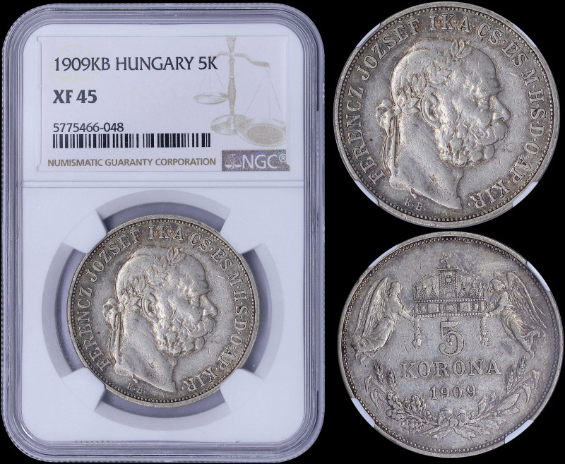 HUNGARY: 5 Korona (1909 KB) in silver (0,900) with head of Franzs Joseph facing ...