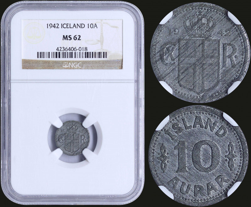 ICELAND: 10 Aurar (1942) in zinc with ornaments flank denomination. Crowned arms...