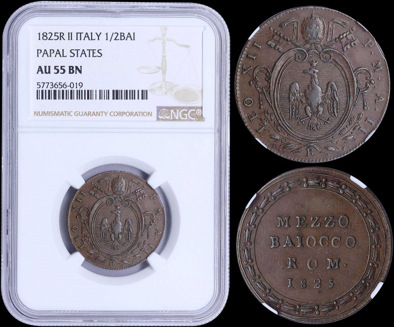 ITALIAN STATES / PAPAL STATES: 1/2 Baiocco (1825 R II) in copper with papal Arms...