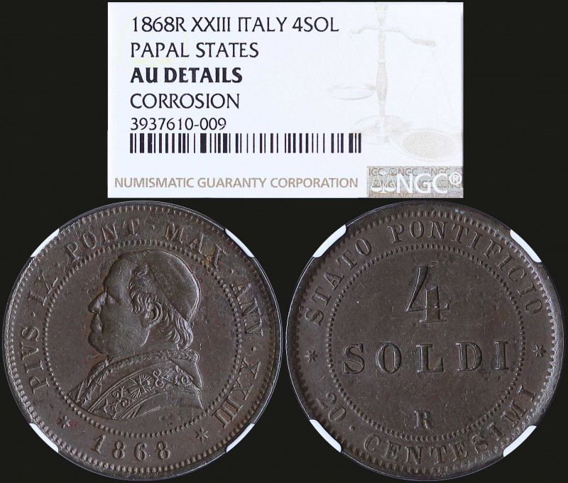 ITALIAN STATES (PAPAL) & ITALY: Set of 2 coins from Italy. 4 Soldi (1868 R) (PAP...