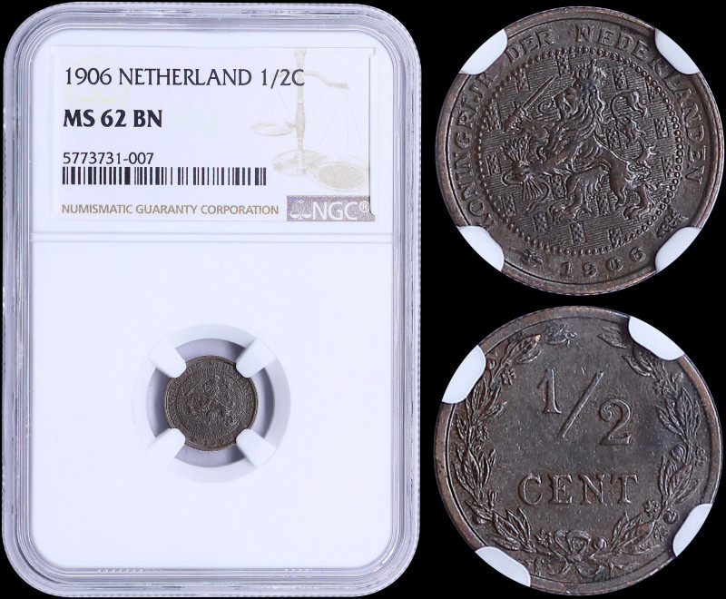 NETHERLAND: 1/2 Cent (1906) in bronze with crowned Arms with 15 small shields be...