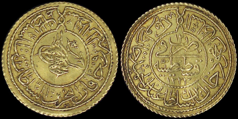 TURKEY: 1 Rumi Altin (1223//12) in gold with Toughra within beaded circle. Text,...