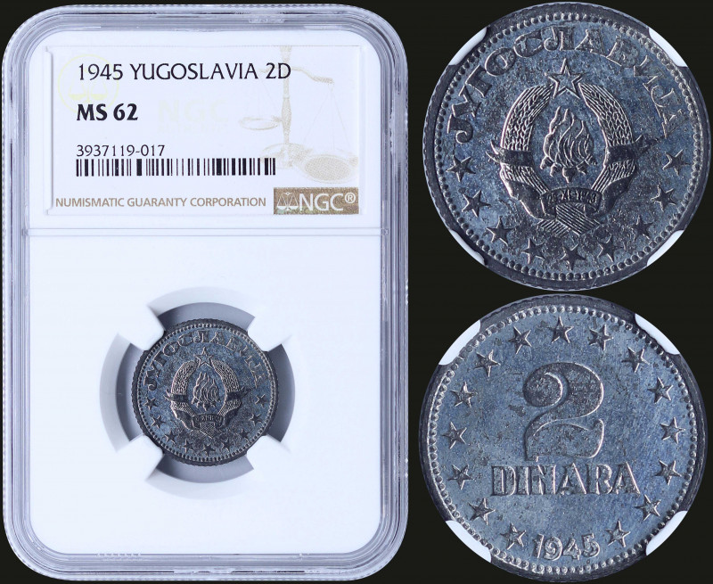 YUGOSLAVIA: 2 Dinara (1945) in zinc with state emblem and nine stars below. Star...