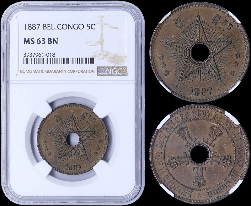 BELGIAN CONGO: 5 Centimes (1887) in copper with crowned monograms circle center ...