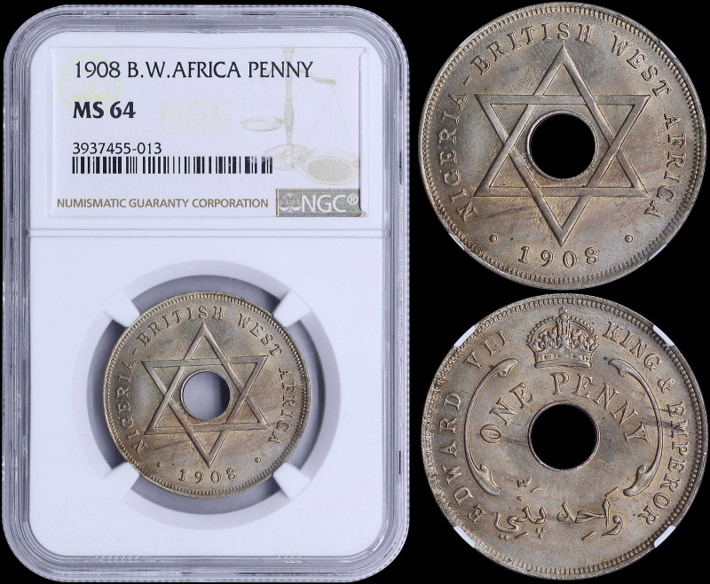 BRITISH WEST AFRICA: 1 Penny (1908) in copper-nickel with crown above center-hol...