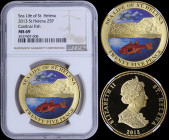 SAINT HELENA: Colored 25 Pence (2013) in gold plated copper-nickel commemorating the sea life of St Helena with cardinal fish. Crowned bust of Queen E...