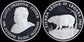 SIERRA LEONE: 10 Leones (1987) in silver (0,925) from the "World Wildlife Fund" series with Pygmy Hippopotamus. Bust of Dr Joseph Saidu Momoh facing l...