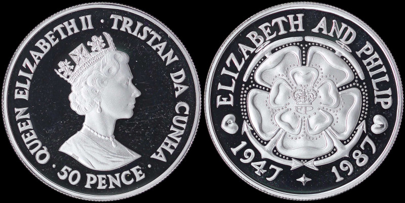 TRISTAN DA CUNHA: 50 Pence (ND 1987) in silver (0,925) commemorating the 40th We...