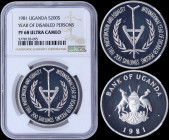UGANDA: 200 Shillings (1981) in silver (0,900) from series International Year of Disabled Persons with national Arms. Wooden cane divides emblem withi...