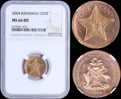 BAHAMAS: 1 Cent (2004) in copper with starfish, value at top. National Arms above date. Inside slab by NGC "MS 66 RD". (KM 59a).
