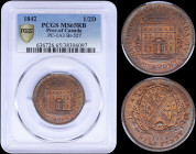CANADA / LOWER CANADA: 1/2 Penny (1842) bank token in copper with front view of the Bank of Montreal. Coat of Arms & "BANK OF MONTREAL" on ribbon on r...
