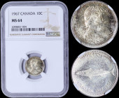 CANADA: 10 Cents (1967) in silver (0,800) with bust of Queen Elizabeth II facing right. Atlantic mackeral, denomination above and centennary dates at ...