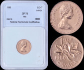 CANADA: 1 Cent (1980) in bronze with bust of Queen Elizabeth II facing right. Maple leaves on reverse. Inside slab by NNC "SP 70 RED". (KM 127).