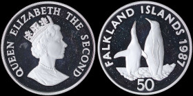 FALKLAND ISLANDS: 50 Pence (1987) in silver (0,925) from the "World Wildlife Fund" series with crowned bust of Queen Elizabeth II. King Penguins on re...