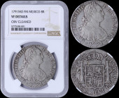 MEXICO: 8 Reales (1791MO FM) in silver (0,896) with laurete bust of Charles IIII facing right. Crowned shield flanked by pillars with banner on revers...