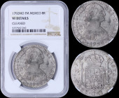 MEXICO: 8 Reales (1792MO FM) in silver (0,896) with laurete bust of Charles IIII facing right. Crowned shield flanked by pillars with banner on revers...