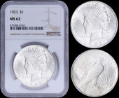 USA: 1 Dollar (1923) in silver (0,900) with capped head of Liberty facing left, headband with rays. Eagle standing on rock with wings folded on revers...