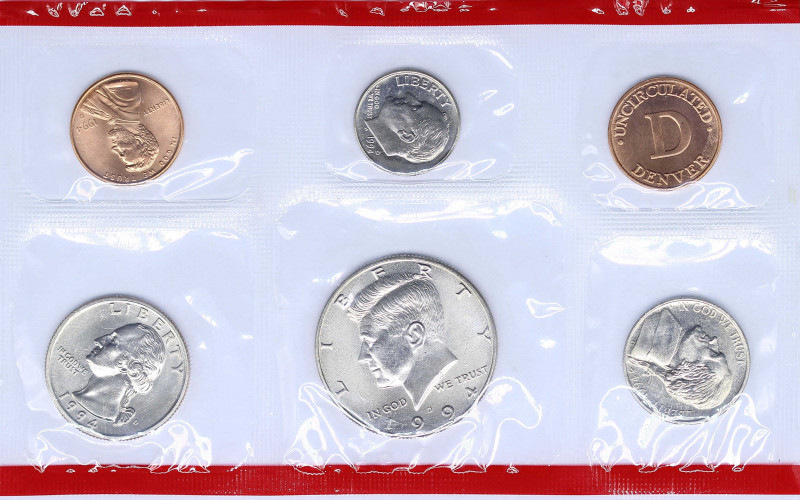 USA: Coin set (1994 D) composed of 1 Cent + 5 Cents + 1 Dime + 1/4 Dollar + 1/2 ...