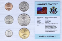 USA: Coin set composed of 1 Cent (2004) + 5 Cents (2005 P) + 1 Dime (2004 P) + 1/4 Dollar (2005 P) + 1/2 Dollar (1995 P) + 1 Dollar (2000 D). Inside c...