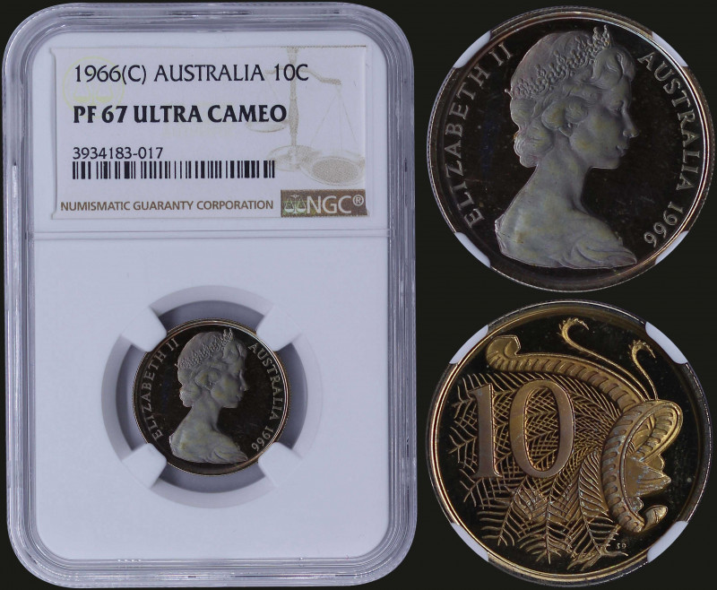 AUSTRALIA: 10 cents (1966 c) in copper-nickel with bust of Queen Elizabeth II fa...