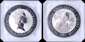 AUSTRALIA: 2 Dollars (1992) in silver (0,999) with head of Queen Elizabeth II facing right. Australian Kookaburra on stump within circle on reverse. I...