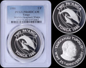 TONGA: 2 Paanga (1986) in silver (0,925) with head of Taufaahau Tupou IV facing right. Humpback whales within circle. Inside slab by PCGS "PR 68 DCAM"...
