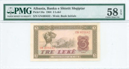 ALBANIA: 3 Leke (1964) in brown and lilac on multicolor unpt with woman with basket of gapes at left. S/N: "GN 405642". WMK: Banks initials. Printed i...