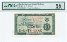ALBANIA: 10 Leke (1964) in dark green on multicolor unpt with woman working with cotton spinning frame. S/N: "DR 601685". WMK: Banks initials. Printed...