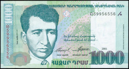 ARMENIA: 1000 Dram (2001 / issued 2005) in aqua and green on multicolor unpt with Yeghishe Charents at left. S/N: "59956556". WMK: Y Charents. Printed...