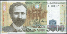 ARMENIA: 5000 Dram (2003 / issued 2005) in multicolor with H Tumanyuan at left. S/N: "10662407". WMK: H Tumanyuan. Printed by G&D (without imprint). (...