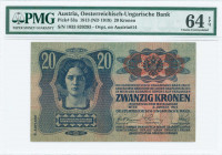 AUSTRIA: 20 Kronen (2.1.1913) in blue on green and red unpt with portrait woman at upper left and Arms at upper right. S/N: "1033 820293". Inside hold...