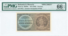 BOHEMIA & MORAVIA: Specimen of 1 Koruna (ND 1940) in brown on blue unpt with girl at right. Horizontal perfin "SPECIMEN" at top. S/N: "D071". Inside h...