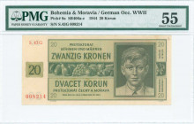 BOHEMIA & MORAVIA: 20 Korun (24.1.1944) in green on light green unpt with fruit across center and portrait of boy at right. S/N: "S.43G 008214". Print...