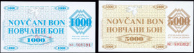 BOSNIA-HERZEGOVINA: Complete set 1992 second provisional Novcani Bon issue of 4 values including 100 Dinara, 500 Dinara, 1000 Dinara and 5000 Dinara (...