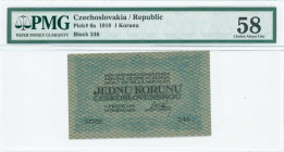 CZECHOSLOVAKIA: 1 Koruna (15.4.1919) in blue with Arms at center. S/N: "246". Printed by Haase, Prague (without imprint). Inside holder by PMG "Choice...