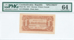 CZECHOSLOVAKIA: Specimen of 1 Koruna (1944) in red-brown on brown unpt. S/N: "EP 946963". Perfin "SPECIMEN" at center. WMK: Stars. Printed by Goznak. ...
