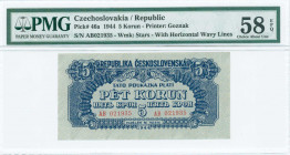 CZECHOSLOVAKIA: 5 Korun (1944) in dark blue on light blue unpt with horizontal wavy lines. S/N: "AB 021935". WMK: Stars. Printed by Goznak (without im...