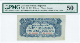 CZECHOSLOVAKIA: 5 Korun (1944) in dark blue on light blue unpt with vertical wavy lines. S/N: "AO 664374". WMK: Stars. Printed by Goznak (without impr...