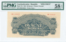 CZECHOSLOVAKIA: Specimen of 20 Korun (1944) in blue-black on tan unpt. S/N: "HM 410431". Perfin "SPECIMEN" at bottom center. WMK: Stars. Printed by Go...